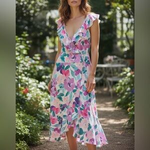 Socialite Floral V-Neck Midi Dress in Pink and Green